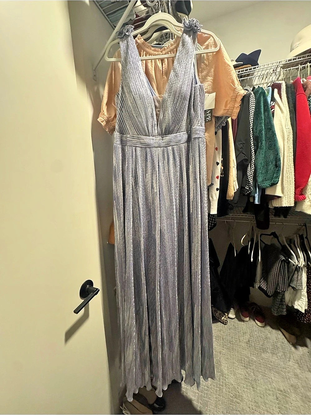 Xscape Metallic Pleated Evening Gown in Purple/Blue Size 14 NWT